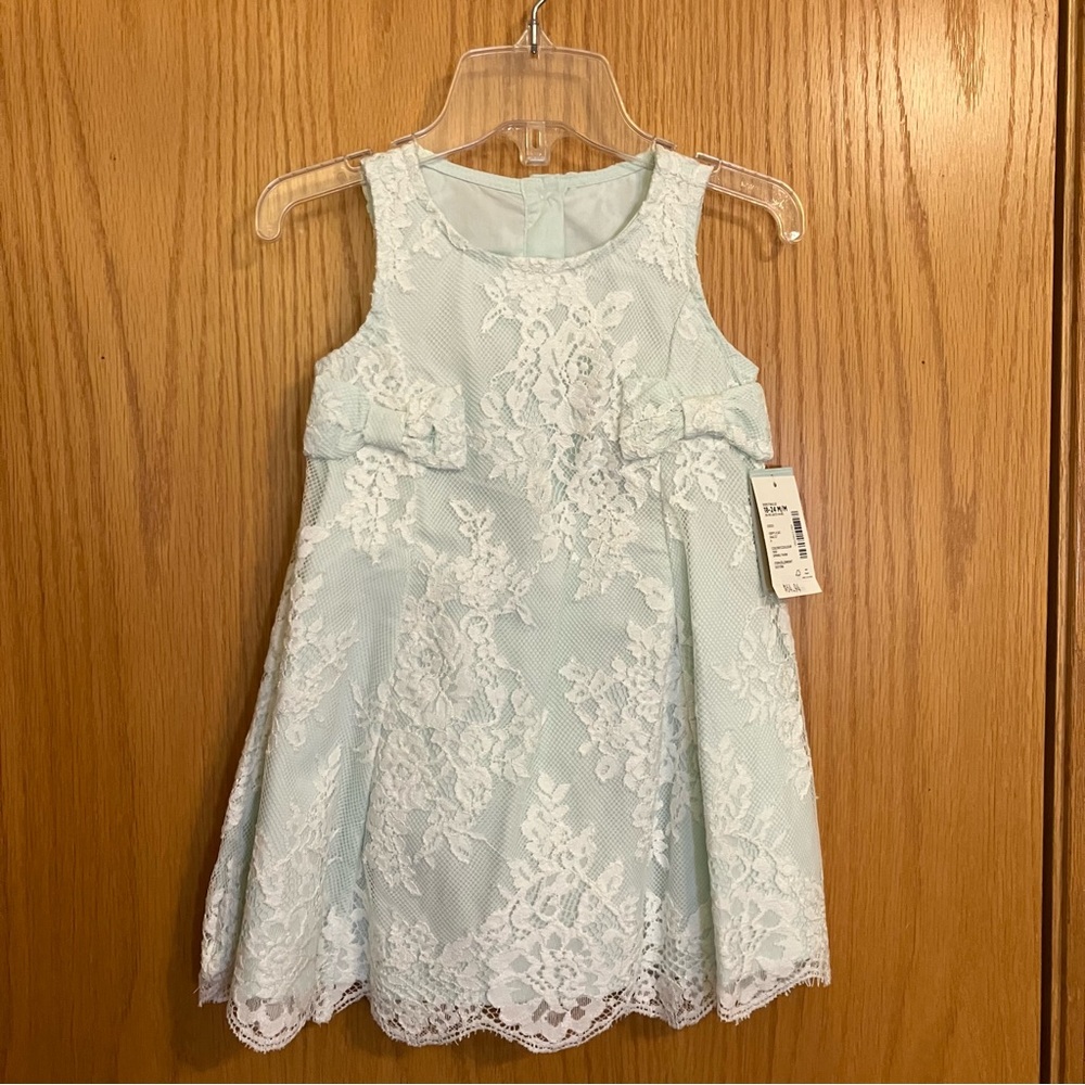 18-24M Gymboree Sleeveless Lace Overlay Dress in Soft Aqua Blue. Bows. Bloomers.